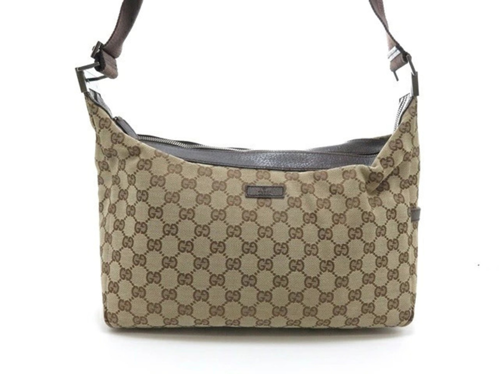 Gucci Bag Hobo GG Canvas Calfskin Dark Brown Beige Cream